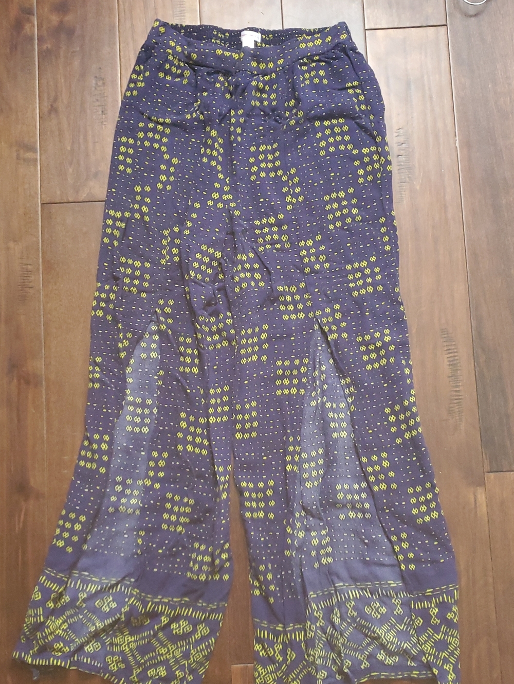 Xhiliration Blue & Lime Patterned Wide-Leg Women's Pants Size Small